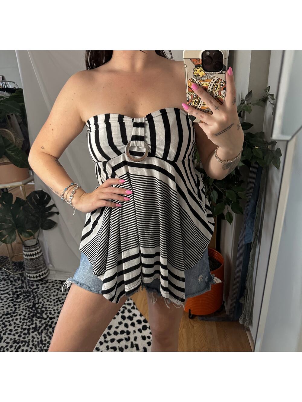 Bongo Y2K Strapless Striped Asymmetric Hem Tube Top Black Size Medium